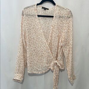 INC International Concepts Cream Long Sleeve Wrap Blouse with Tie Front